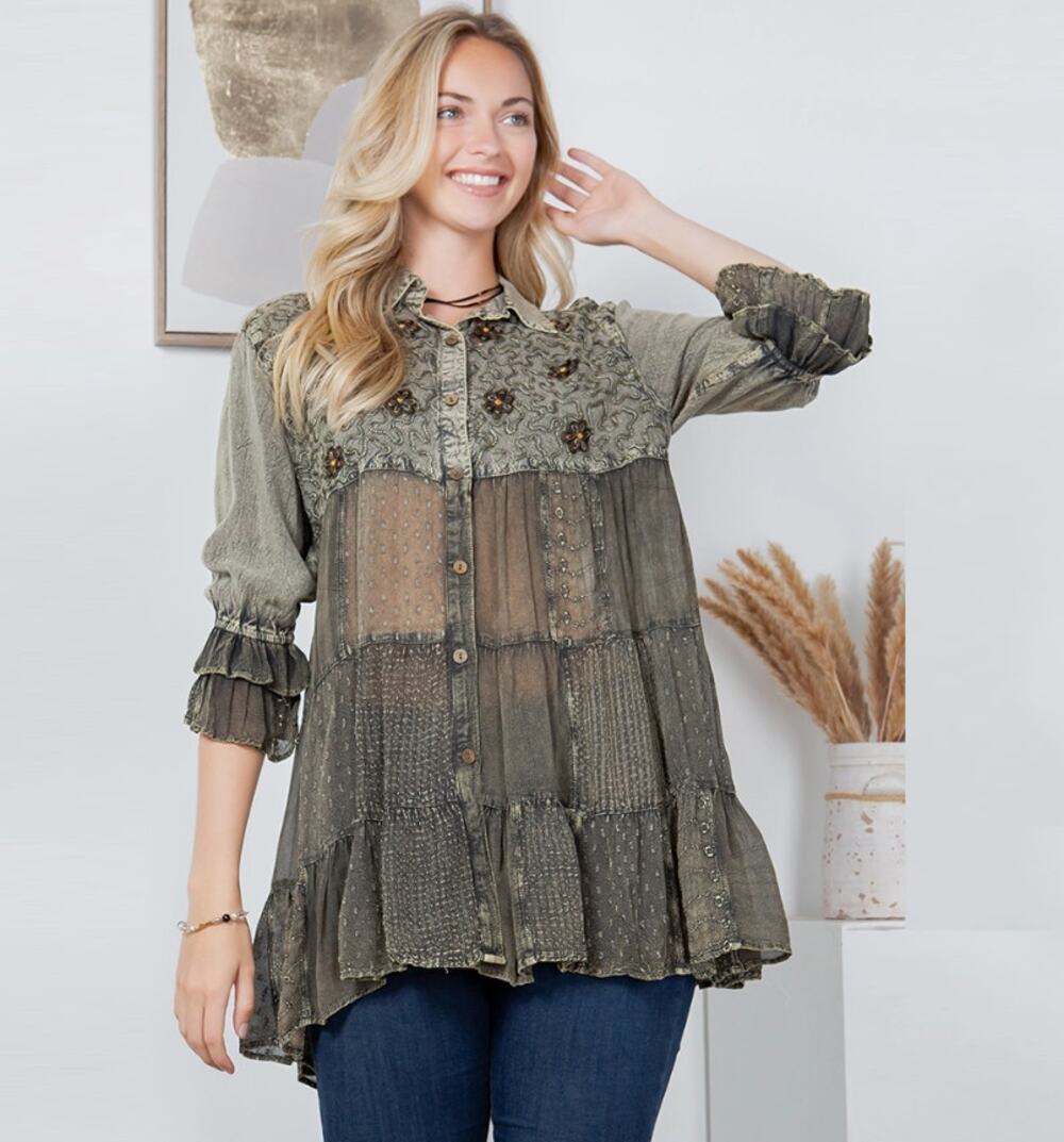 Young Threads Embroidered Patchwork Button Tunic Blouse 3X NWT Boho Western